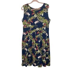Jolie Moi Blue Bird Floral Sleeveless A-line Pleats Lined Midi Dress Size 18